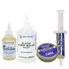 Kit soldagem Fluxo de solda liquido No Clean 250ml + Resinoso Liquido 110Ml + Pasta solda Soldatec 50g + Fluxo Pastoso
