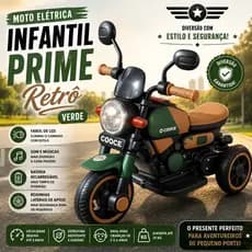 Moto Elétrica Infantil Prime Retrô Verde com Farol LED Música Rodinhas e Bateria Recarregável