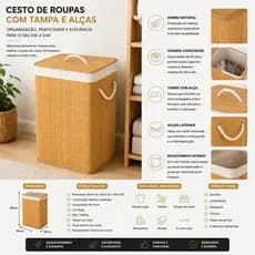 Cesto Roupas Organizador Tampa Alca Bambu Capacidade 50 Litros Casa Quarto Banheiro