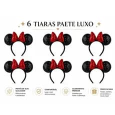 6 Tiaras arco Minnie Vermelha com Paetê Luxo Orelhinha Fantasia Festa Infantil Adulto
