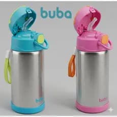 Garrafa Térmica Infantil com Canudo Azul e Rosa Garrafa Térmica Dupla Parede Inox Buba + Canudo