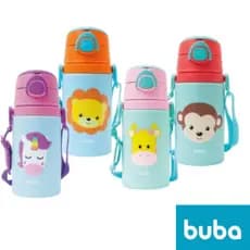 Garrafa Garrafinha Infantil Alumínio C/ Canudo Silicone Fun Unicórnio Macaco Leão Girafa 450ML Buba