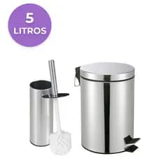 Kit Lixeira 5 litros Inox + Escova Sanitária Inox para Banheiro