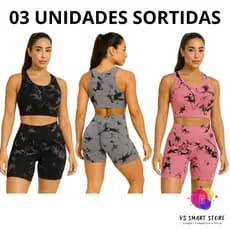 Kit 3 Conjuntos TOP e SHORTS Legging Tie-Dye Levanta Bumbum Cintura Alta Fitness Academia