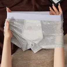 Roupa íntima masculina de renda transparente, cuecas boxer de seda gelada, cuecas boxer transparentes com jacquard vazad