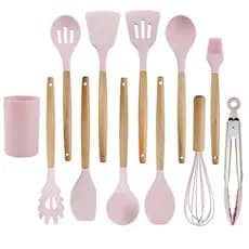 Kit C/12/ Peças Utensílios De Cozinha Colheres Espatula Silicone Cabo Madeira Livre