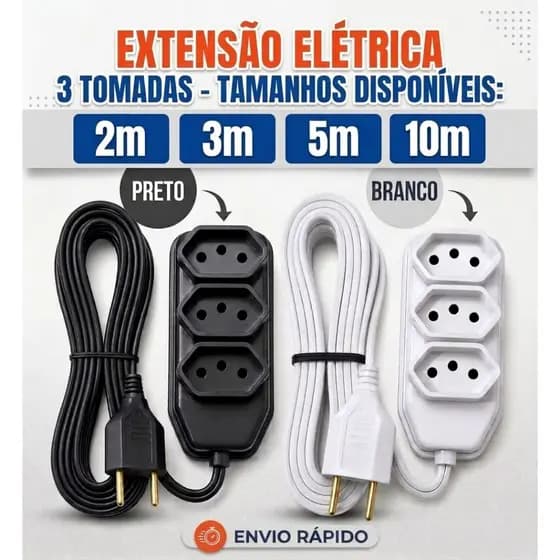 Extensão Elétrica 2, 3, 5, 10 Metros Branca e Preto Extensão Tomadas Compacta