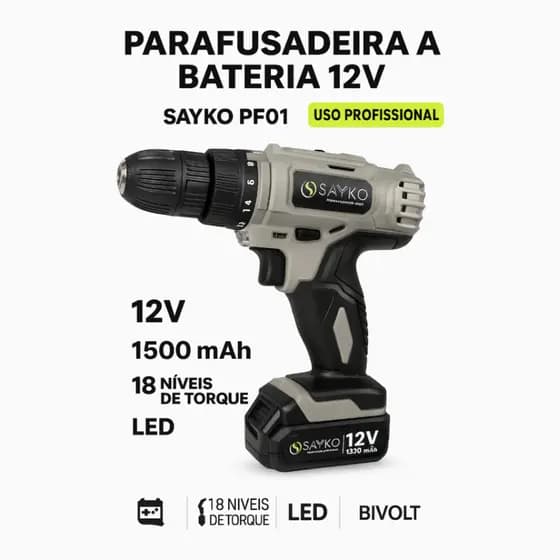 Parafusadeira Furadeira Sem Fio com Bateria 12v 3/8 10mm com Maleta SAYKO