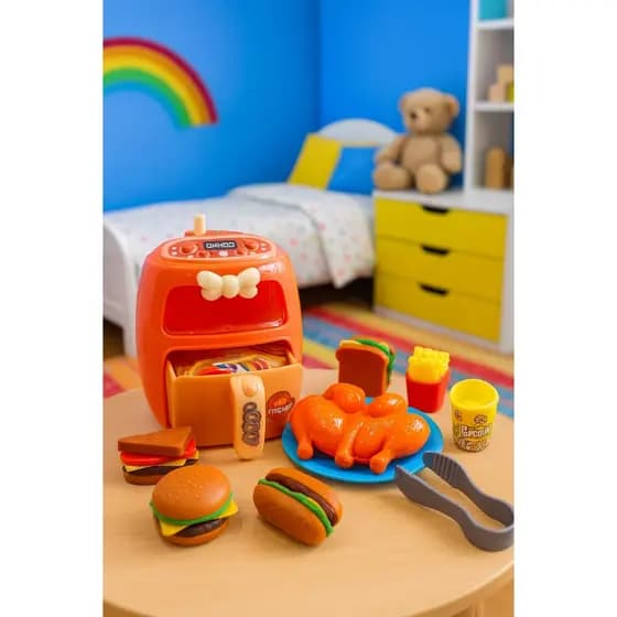 Brinquedo Infantil Faz de Conta Conjunto Air Fryer Infantil com Luzes e Acessórios