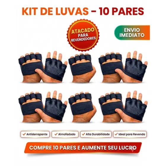 Luva Academia Kit 10 Pares Anticalos | Meia Luva Fitness Antiderrapante Musculação Crossfit