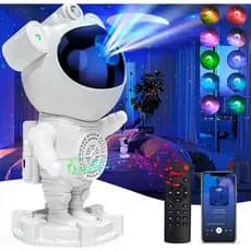 Luminária Astronauta com Som Bluetooth – Projetor de Luz Galáxia e Estrelas no Espaço