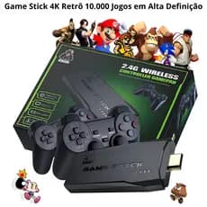 Game Stick 4K Retrô com 10.000 Jogos + 2 Controles Sem Fio