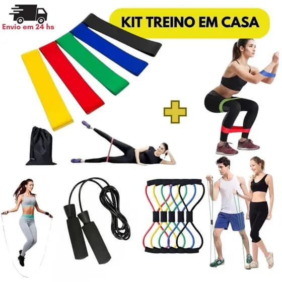 Kit Treino Em Casa Corda de Pular + Kit 5 Faixas Mini Band + Elástico Extensor Cross Tube Treino