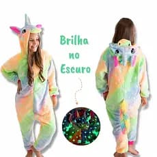Pijama Unicórnio de menina brilha no escuro kigurumi de plush tipo mantinha quentinho de inverno