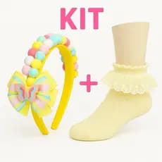 Meia de Renda + Tiara Pompom com Laço Kit promocional