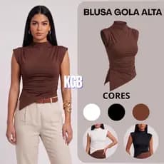Blusa Gola Alta Básica Assimétrica Regata Manga Curta Dia a Dia Elegante Formal Festas  Casual