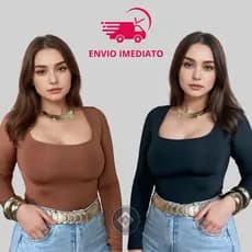 Blusa Feminina Básica Suplex Premium Decote Gola Quadrado Manga Longa Moda Inverno Frio Tendencia Elegante Dia a Dia