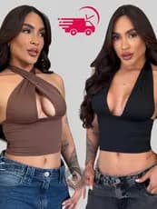 Blusa Cropped Com Amarraçao Multiforma Top Decote Festa Moda Gringa Decotado Suplex Premium Elegante