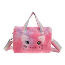 Bolsa Infantil Feminina de Pelúcia Gatinho Rosa e Colorida com Alça Ombro Meninas