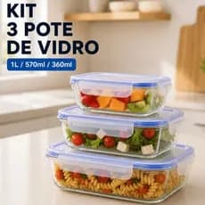 Kit 3 Potes Vidro Com Tampa Herméticos Alta Vedação 370ml 640ml 1040ml Armazenar Comidas Fitnnes