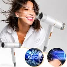 Secador de cabelo multifuncional com ar quente e frio, elegante e acessível para uso doméstico.
