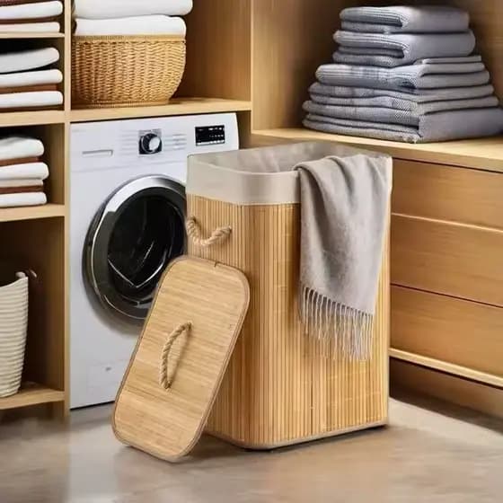 Cesto de roupa suja de bambu de 72 litros com tampa e alça, forro espesso, adequado para uso na sala de estar e no banhe