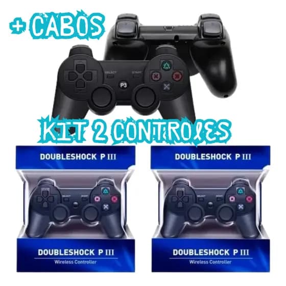 Kit 2 Controle Joystick Doubleshock  P3 Ps3 + Cabos Usb Carregador