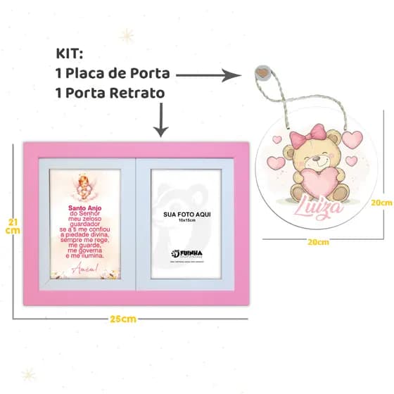 Kit Infantil Bebê com Placa de Porta Maternidade e Porta Retrato com Oração do Santo Anjo do Senhor