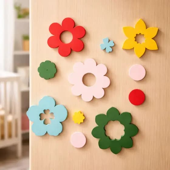 Kit 5 Flor Coloridas Aplique Decoração Para Quarto Menina Flores de MDF Madeira