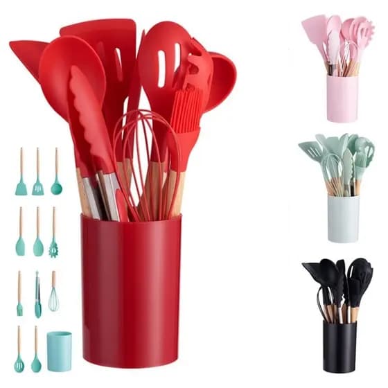 Jogo Kit C/12 Peças Utensílios De Cozinha Colheres Espatula Silicone Cabo Madeira Decoração Livre BPA