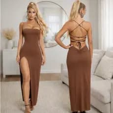Vestido Suplex Premium Costas Nua Laceadas Com Fenda Empina BumBum trançado nas costas
