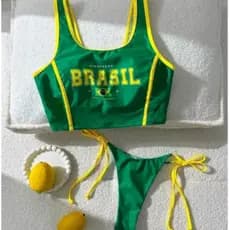 Conjunto de Maiô biquini 2 pecas brasil verao 2026 moda feminina estapa de letras do brasil marquinha de Fita