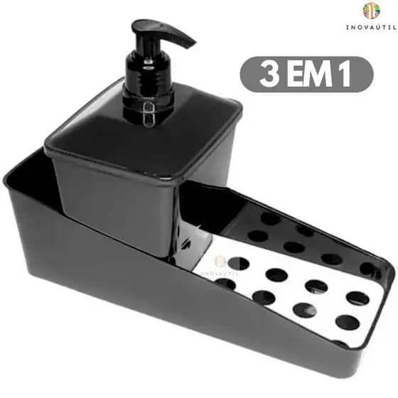 Porta Detergente 3 em 1 Porta Esponja Sabão em Barra Pia de Cozinha Dispenser com Válvula Pump Preto