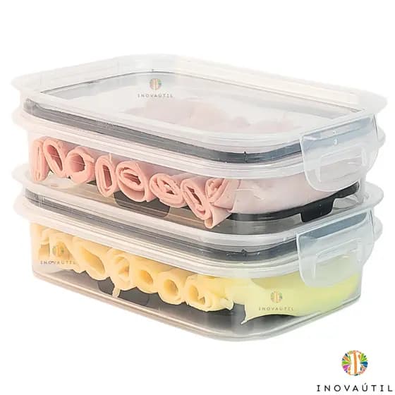 Porta Frios Com Tela Escorredor Kit 2 Peças Tampa Com Vedação Hermético Queijo Presunto Mortadela