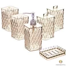 Kit Banheiro Lavabo 6 Peças Luxo Transparente Porta Sabonete Líquido Algodão Cotonete Escova Pinceis