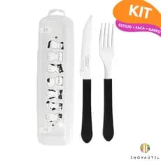 Porta Talher Estojo Decorado Com Travas Kit 3 Peças Com Garfo e Faca Inox Cabo Plástico Tramontina