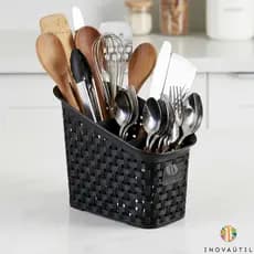 Porta Talher Escorredor Ratan Preto 3 Divisórias Cozinha ou Mesa Organizador Vertical Plástico