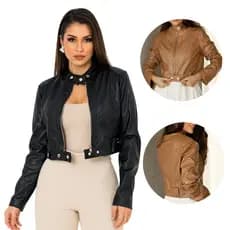 Jaqueta Couro Preta Feminina PU Sintético Cintura Feminina Ajustável Mulher Elegante