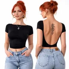 Cropped Costas Nua Feminino Ombro a Ombro Manga Curta Baby Tee Liso Casual Básico Suplex Premium