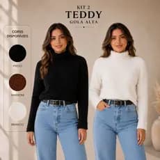 Kit 2 Blusas Teddy Sherpa Feminina Gola Alta Pelinho Lã Manga Longa Inverno
