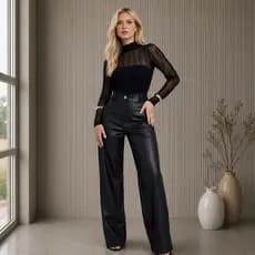 Calça Couro Fake PU Feminina Wide Leg Cintura Alta Pantalona Preta