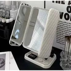 Espelho de maquiagem de mesa LED dois em um, com três lados, dobrável, para se vestir.