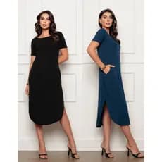 Vestido Midi Gola Canoa Feminino Manga Curta com Fenda Lateral Meia Lua Casual Moda Evangelica