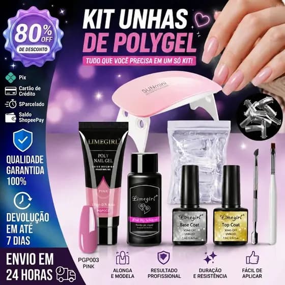 Kit Poligel Alongamento Unha COMPLETO 8PÇS/ Cabine SunMini UV+Polygel 15g+Molde 20 PÇ+Top Coat+Base Coat+Pincel+Espatula
