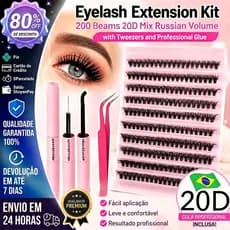 Kit Extensão de Cílios 200 Feixes 20D Mix Volume Russo com Pinça e Cola Profissional