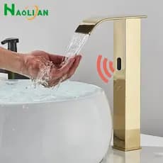 Sensor Torneira Banheiro Dourada Torneira Cascata Automática Água Quente E Fria Torneira Lavabo Automática