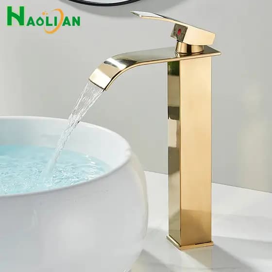 Torneira Banheiro Dourado Cascata Misturador Monocomando Torneira Lavabo Premium Metal  + Plástico