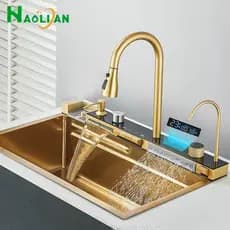 Kit Cuba Cozinha Gourmet Luxo Aço Inox 304 Ouro Fosco Com Acessórios Conjunto De Torneiras 75cm