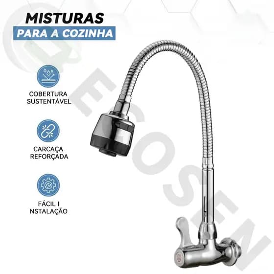 Torneiras de cozinha de inoxidável Torneira de pia de cozinha simples e fria Torneira de parede Rotação de 360
