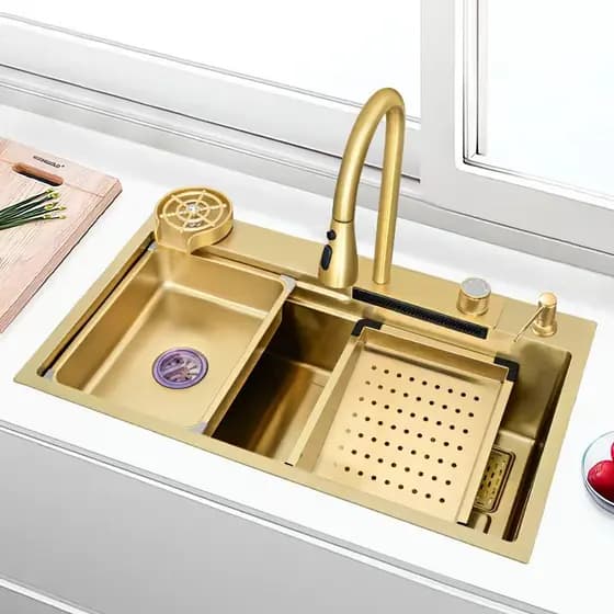 Delicious Cozinha Sink Aço Inoxidável Copos Dourada Com Torneira Fixada